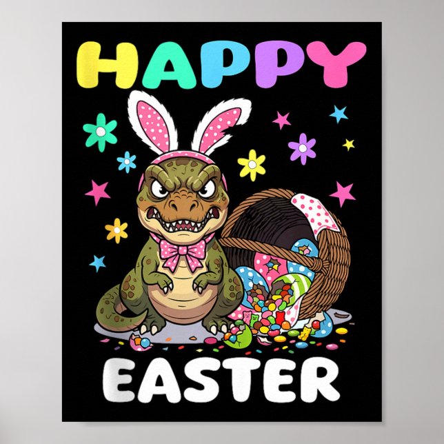 Affiche Joyeuses Pâques T Rex dinosaure bonbons nœud lapin (Devant)