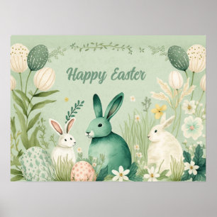 Affiche Joyeuses Pâques Trois Lapins dans un Jardin Vert S
