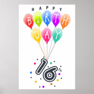 Affiche Joyeux 16e anniversaire avec ballons colorés Poste