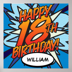 Affiche Joyeux 18e ANNIVERSAIRE Bande dessinée Pop Art ble