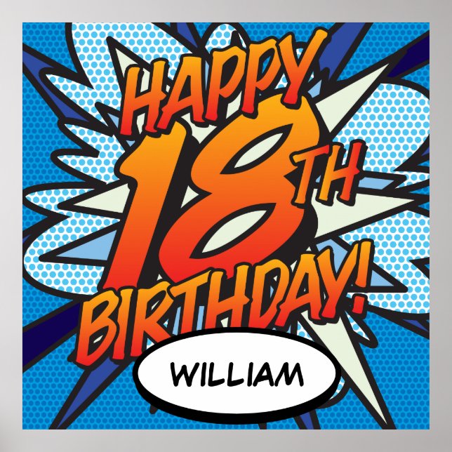 Affiche Joyeux 18e ANNIVERSAIRE Bande dessinée Pop Art ble (Devant)