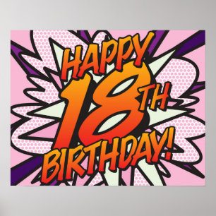Affiche Joyeux 18e ANNIVERSAIRE Bande dessinée Pop Art ros