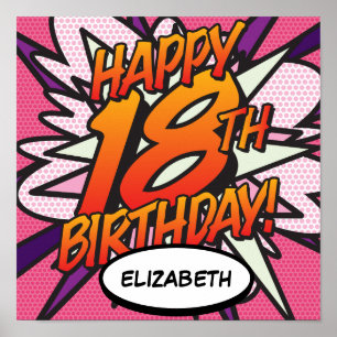 Affiche Joyeux 18e ANNIVERSAIRE Bande dessinée Pop Art ros