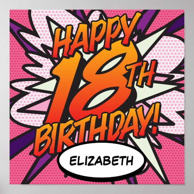 Affiche Joyeux 18e ANNIVERSAIRE Bande dessinée Pop Art ros (Devant)