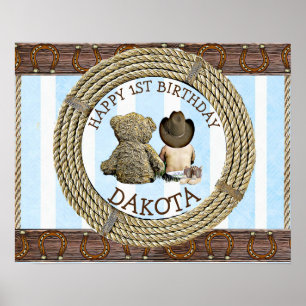 Affiche Joyeux 1er anniversaire Cowboy et Teddy Bear Boy's