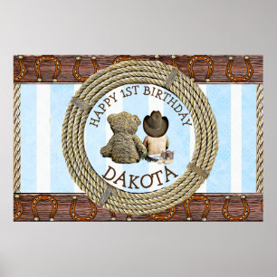 Affiche Joyeux 1er anniversaire Cowboy et Teddy Bear Boy's