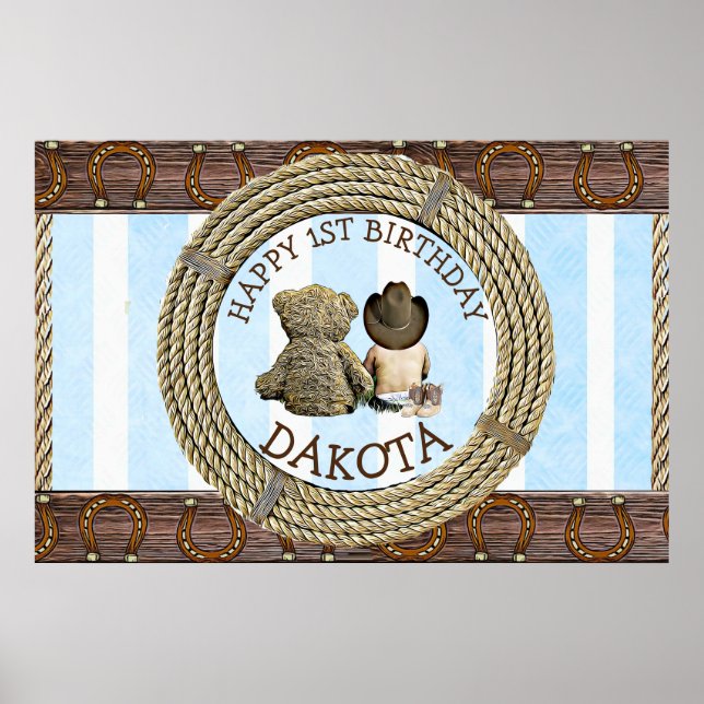 Affiche Joyeux 1er anniversaire Cowboy et Teddy Bear Boy's (Devant)