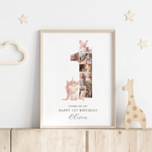 Affiche Joyeux 1er anniversaire Unicorn Photo Collage
