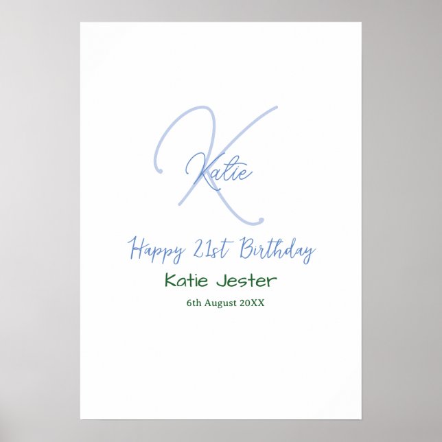 Affiche Joyeux 21e anniversaire bleu ajouter un monogramme (Devant)