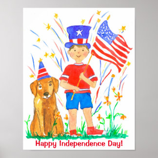 Affiche Joyeux 4 Juillet Hound Dog Drapeau Américain