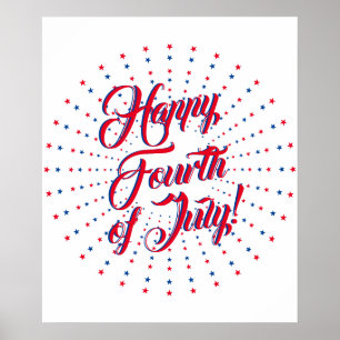 Affiche Joyeux 4 Juillet script rouge blanc & bleu étoiles