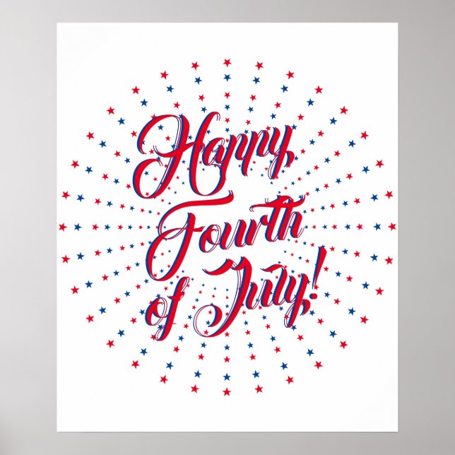 Affiche Joyeux 4 Juillet script rouge blanc & bleu étoiles (Devant)
