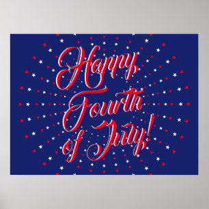 Affiche Joyeux 4 Juillet script rouge blanc marine étoiles