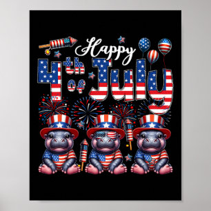 Affiche Joyeux 4 juillet trois beaux hippopotames Sungles