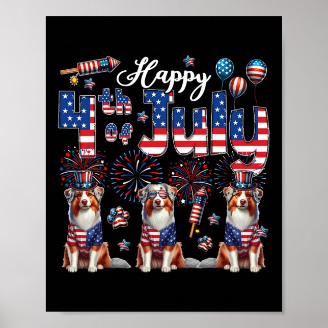 Affiche Joyeux 4 juillet Trois mignons Bergers australiens (Devant)