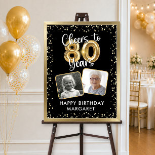 Affiche Joyeux 80e anniversaire 2 photos Noir