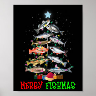 Affiche Joyeux A Fishmas Drôle Arbre de Noël Lumières Pois