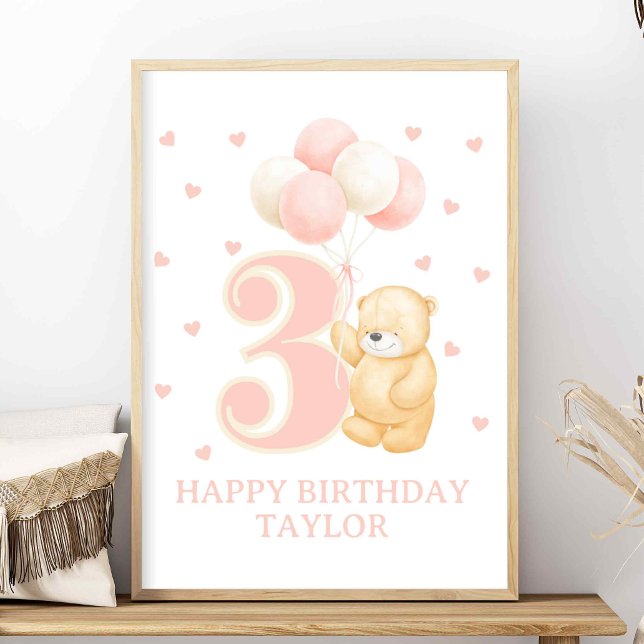 Affiche Joyeux Anniversaire 3 ans Fille rose Balloon perso (Birthday sign for 3 year old, Pink Balloons and bear for 3rd birthday, Girly personalized birthday)