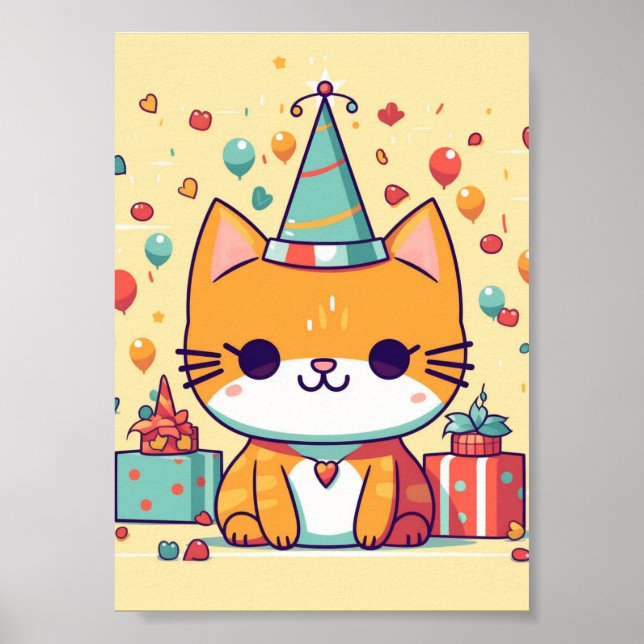 Affiche Joyeux anniversaire au chat de fête mignon,  (Devant)