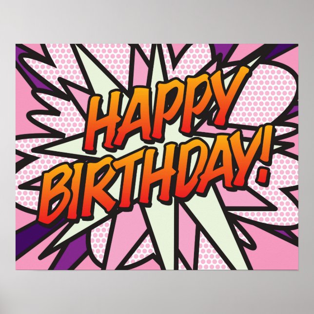 Affiche Joyeux Anniversaire Bande Dessinée Pop Art rose (Devant)