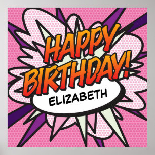 Affiche Joyeux Anniversaire Bande Dessinée Pop Art rose