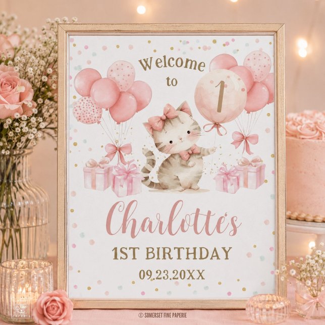 Affiche Joyeux Anniversaire Chat Chaton Ballons Roses 1er  (Cute Kitten Cat Pink Balloons 1st 2nd 3rd Birthday Poster)