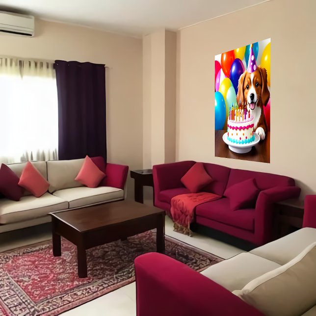 Affiche Joyeux anniversaire, chien et gâteau | AI Art Post (Créateur téléchargé)