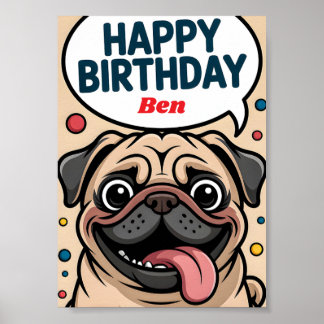 Affiche Joyeux Anniversaire Chien Pug Mignon Drôle