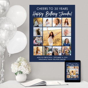 Affiche Joyeux Anniversaire Collage de Photos Bleu Nuit et