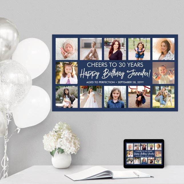 Affiche Joyeux Anniversaire Collage Photo Moderne Bleu Nui (Créateur téléchargé)