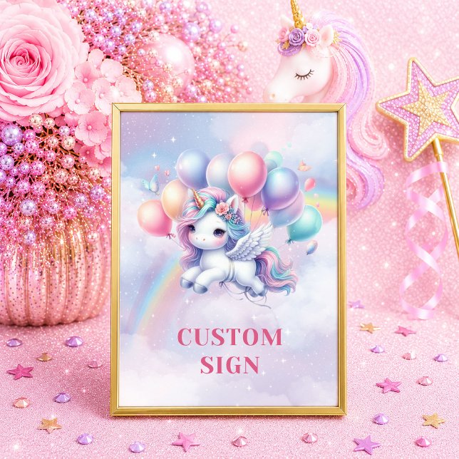 Affiche Joyeux Anniversaire Fille Licorne Rose Violet Pers (Cute Pink Purple Unicorn Girl Birthday Custom Sign)