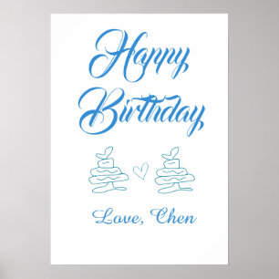 Affiche joyeux anniversaire gâteau bleu cœur nom amour pas