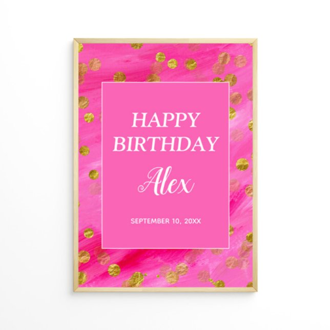 Affiche Joyeux Anniversaire Nom Date Paillettes Or Rose Ch (Pink and gold glitter custom birthday party poster)