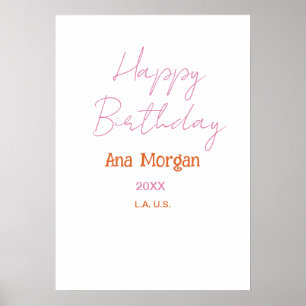 Affiche Joyeux Anniversaire Rose Orange Nom Simple Année L