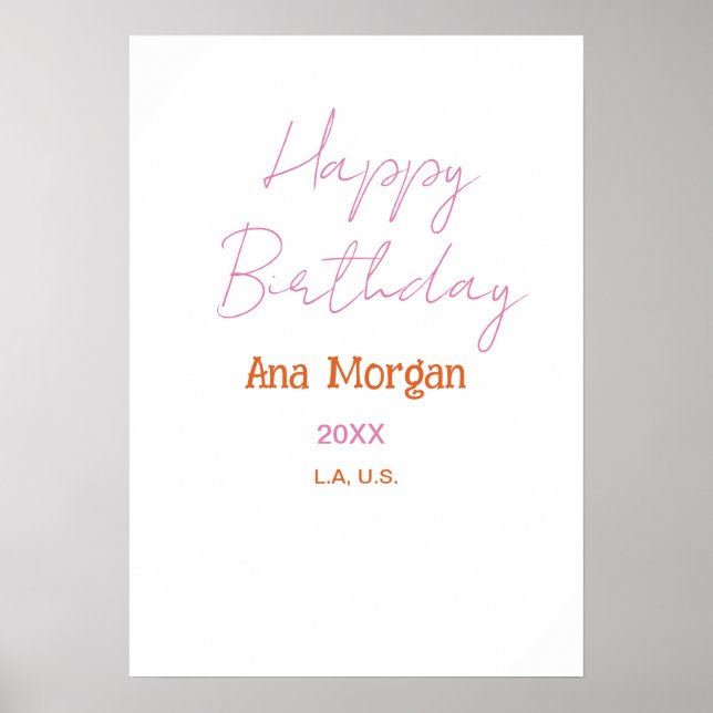 Affiche Joyeux Anniversaire Rose Orange Nom Simple Année L (Devant)