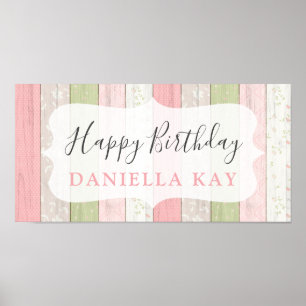Affiche Joyeux Anniversaire Rustique Sage Vert rose Floral