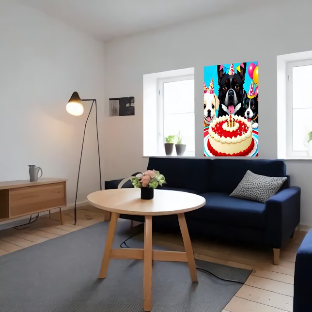 Affiche Joyeux anniversaire, trois chien et gâteau | Art A (Créateur téléchargé)