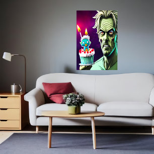 Affiche Joyeux anniversaire, zombie, gâteau AI Art