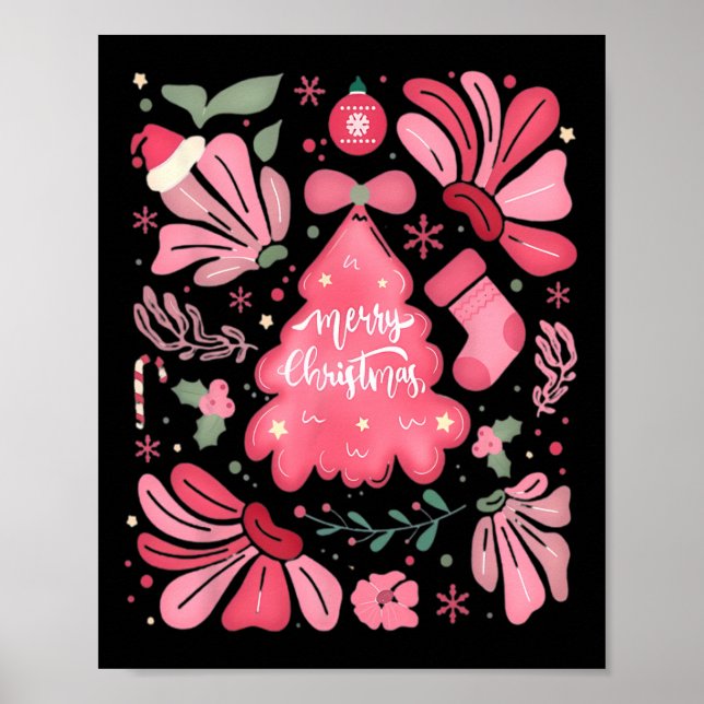 Affiche Joyeux Arbre De Noël Rose Et Joyeux Fêtes De Noël (Devant)