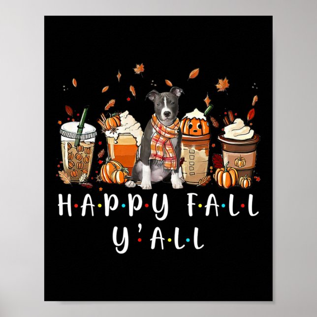 Affiche Joyeux Automne À Tous Pitbull Chien Café Citrouill (Devant)