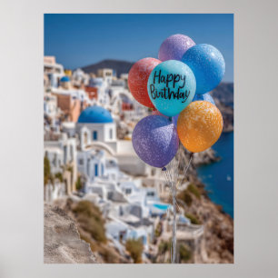 Affiche Joyeux ballons d'anniversaire à Santorin, Grèce