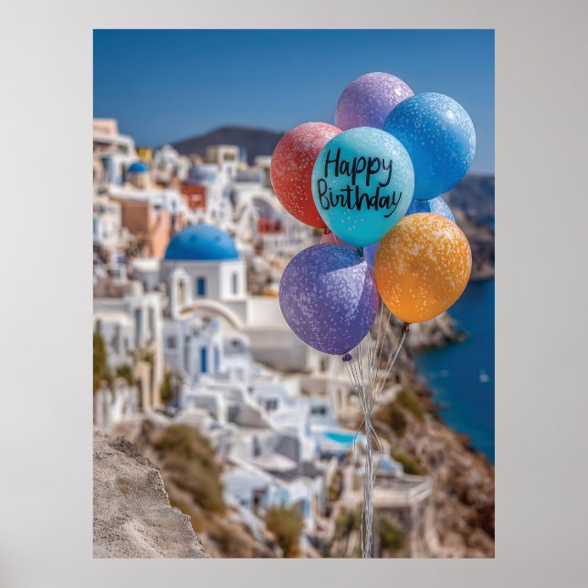Affiche Joyeux ballons d'anniversaire à Santorin, Grèce (Devant)