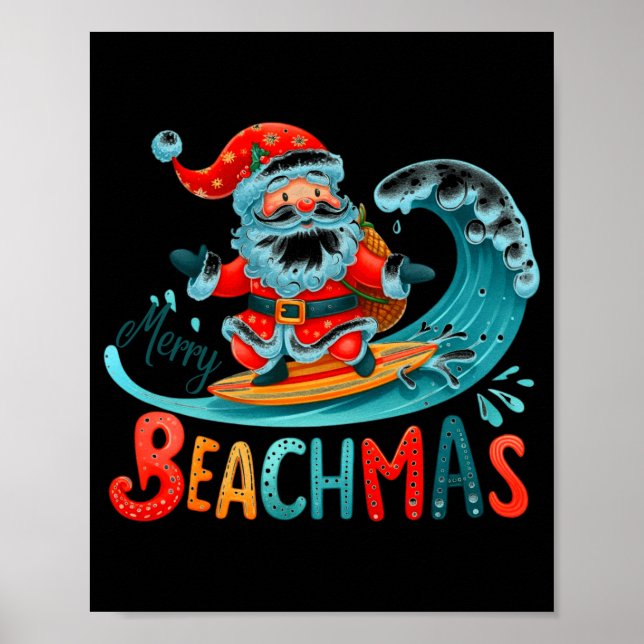 Affiche Joyeux Beachmas Santa Surfant Design Rétro  (Devant)