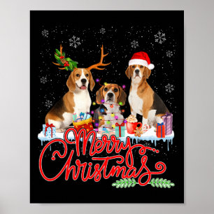 Affiche Joyeux Beagle de Noël Chien Père Noël Reindeer Lig