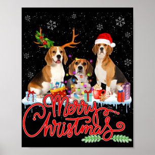 Affiche Joyeux Beagle de Noël Chien Père Noël Reindeer Lig