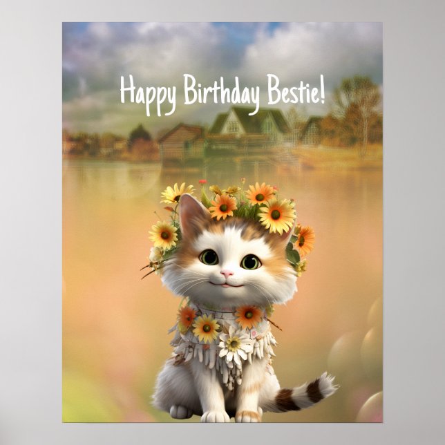 Affiche Joyeux Bestie Cute Boho Chat d'anniversaire (Devant)