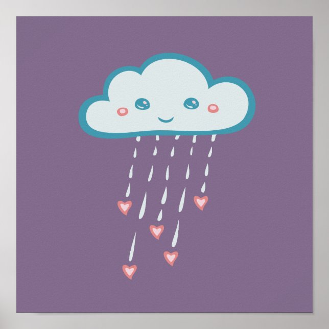 Affiche Joyeux Blue Rain Nuage Pluie Coeurs roses (Devant)