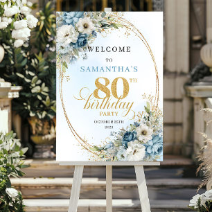 Affiche Joyeux Boho bleu poussiéreux or 80e anniversaire d