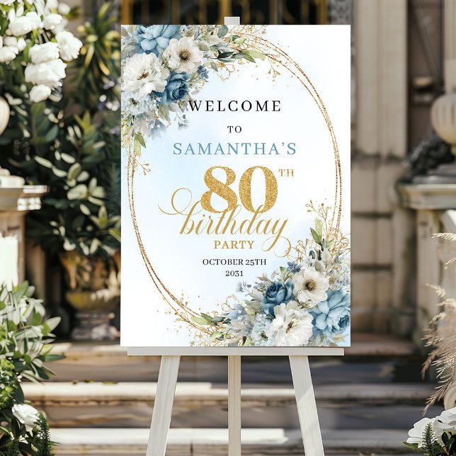 Affiche Joyeux Boho bleu poussiéreux or 80e anniversaire d (Happy Boho dusty blue gold 80th birthday welcome)