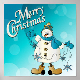 Affiche Joyeux bonhomme de neige bleu Noël